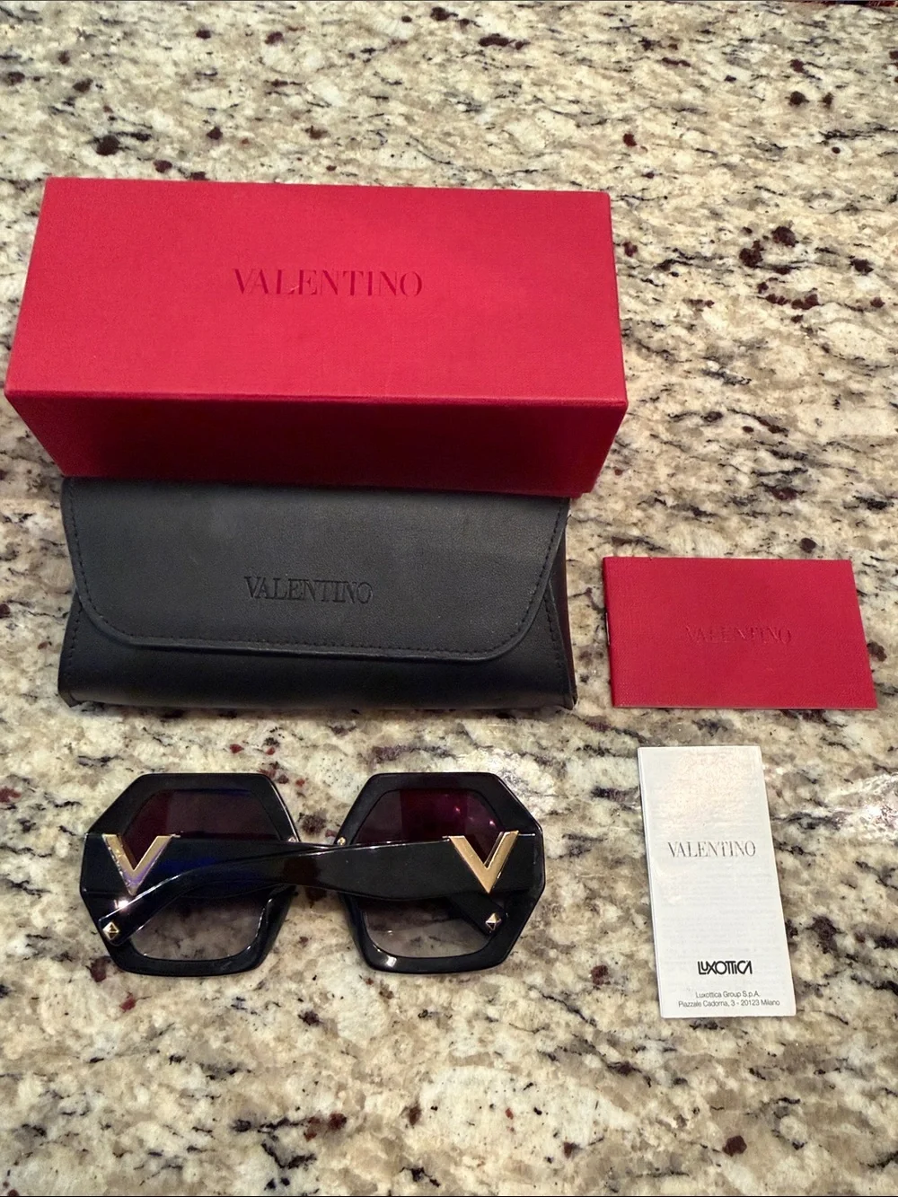 Valentino Black Hexagonal Frame Sunglasses with Gradient Lenses